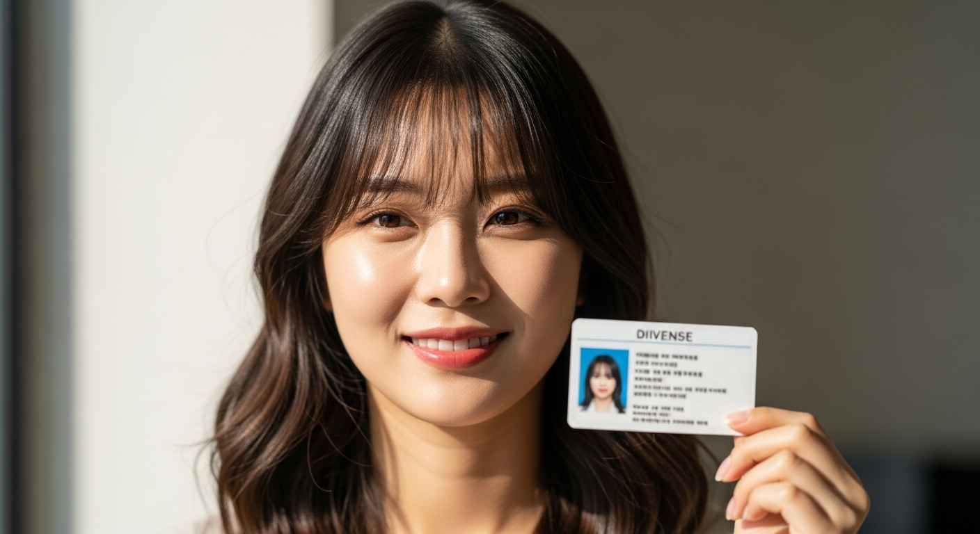 앞머리로 눈썹이 일부 가려진 운전면허증 사진을 들고 안도하는 젊은 여성