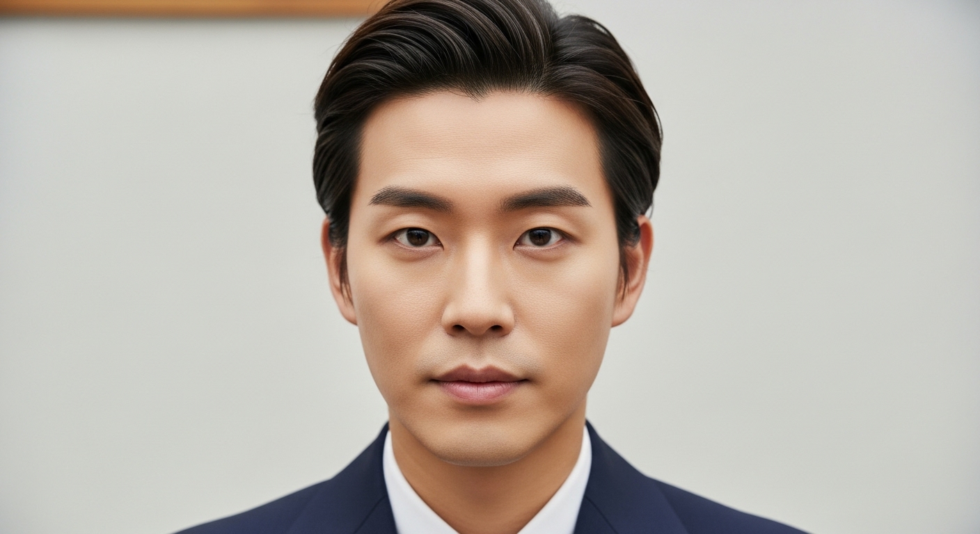 양쪽 귀가 완전히 드러나고 이마와 볼 부분이 머리카락에 가리지 않도록 정돈된 한국인의 얼굴 클로즈업