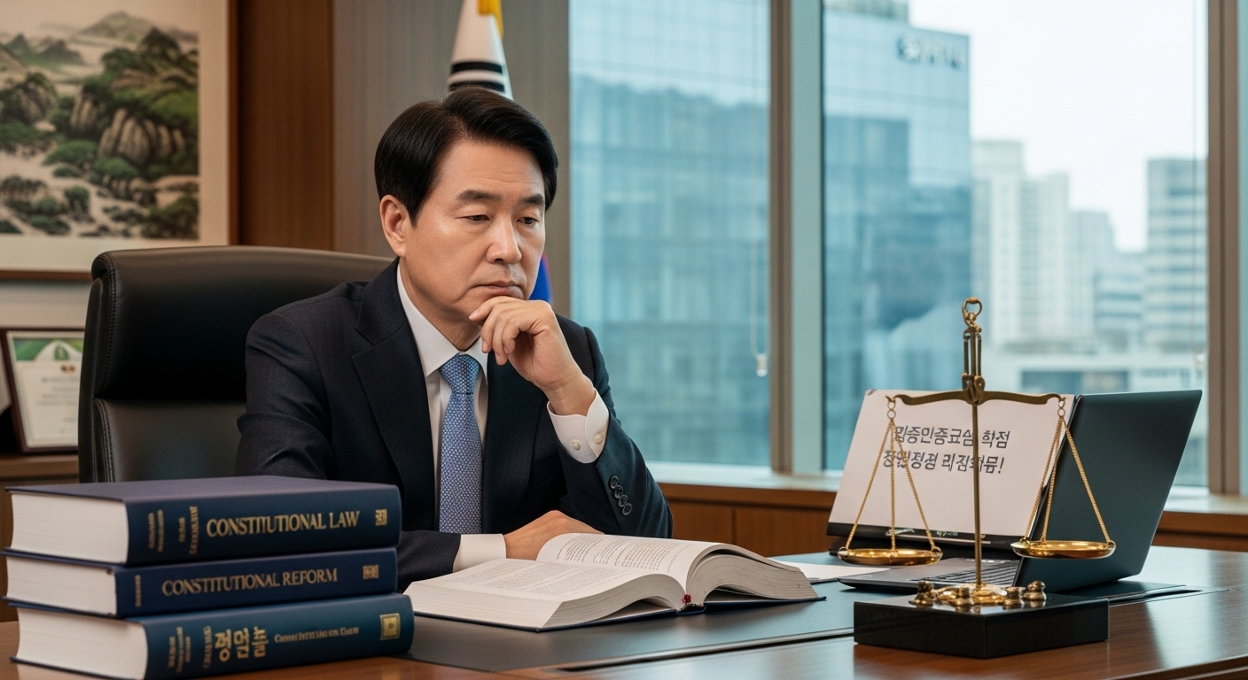 법책과 저울이 놓인 책상 앞에서 사법 독립에 대해 깊이 생각하는 한국 정치인의 모습