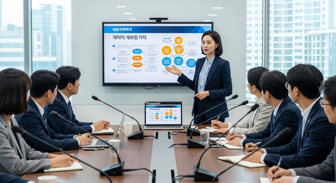 다양한 팀원들과 함께 회의실에서 당 개혁에 대해 논의하는 젊은 한국 정치인의 모습