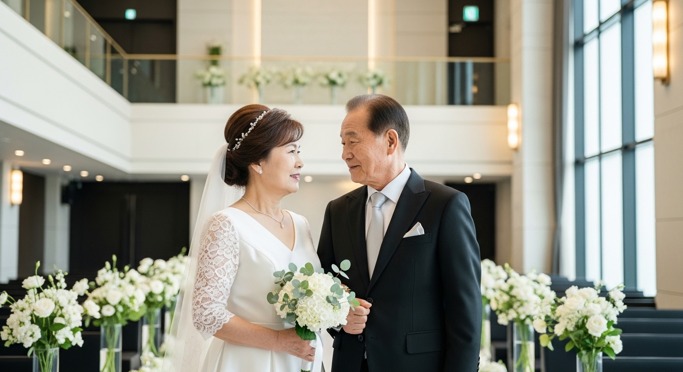 현대적인 웨딩 복장을 입고 예식장에서 서로를 바라보는 노부부