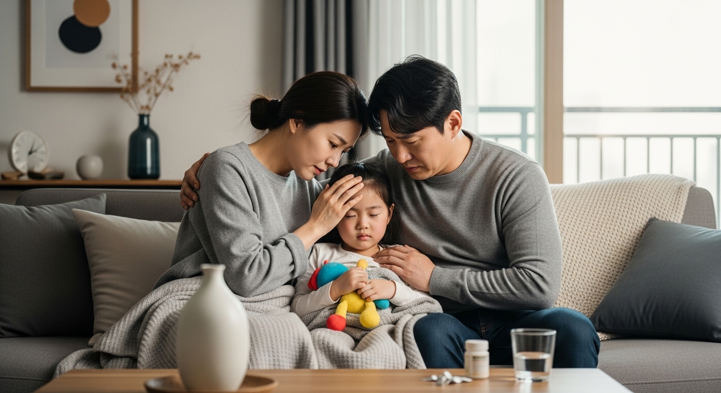 현대적인 거실에서 열이 난 아이를 위로하는 부모의 모습