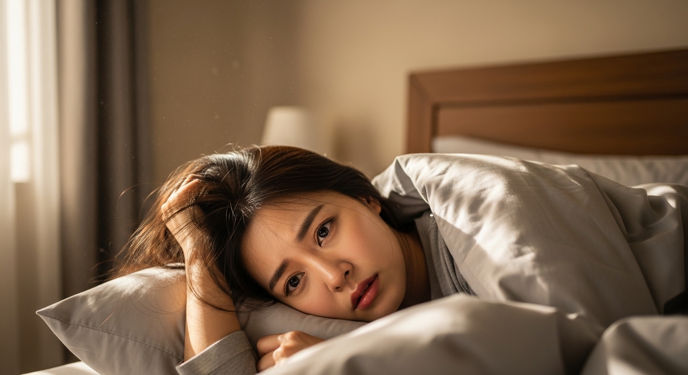 침대에서 걱정스러운 표정으로 일어나는 여성의 아침 모습