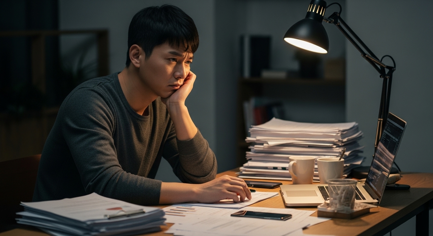 책상에 앉아 스트레스받고 있는 젊은 남성의 사무실 장면