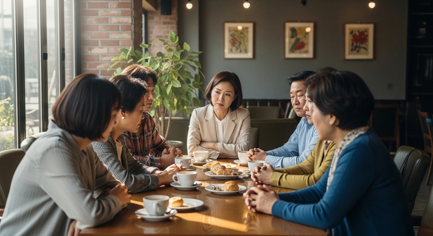 카페에서 진지한 대화를 나누는 다양한 연령대 사람들의 모습
