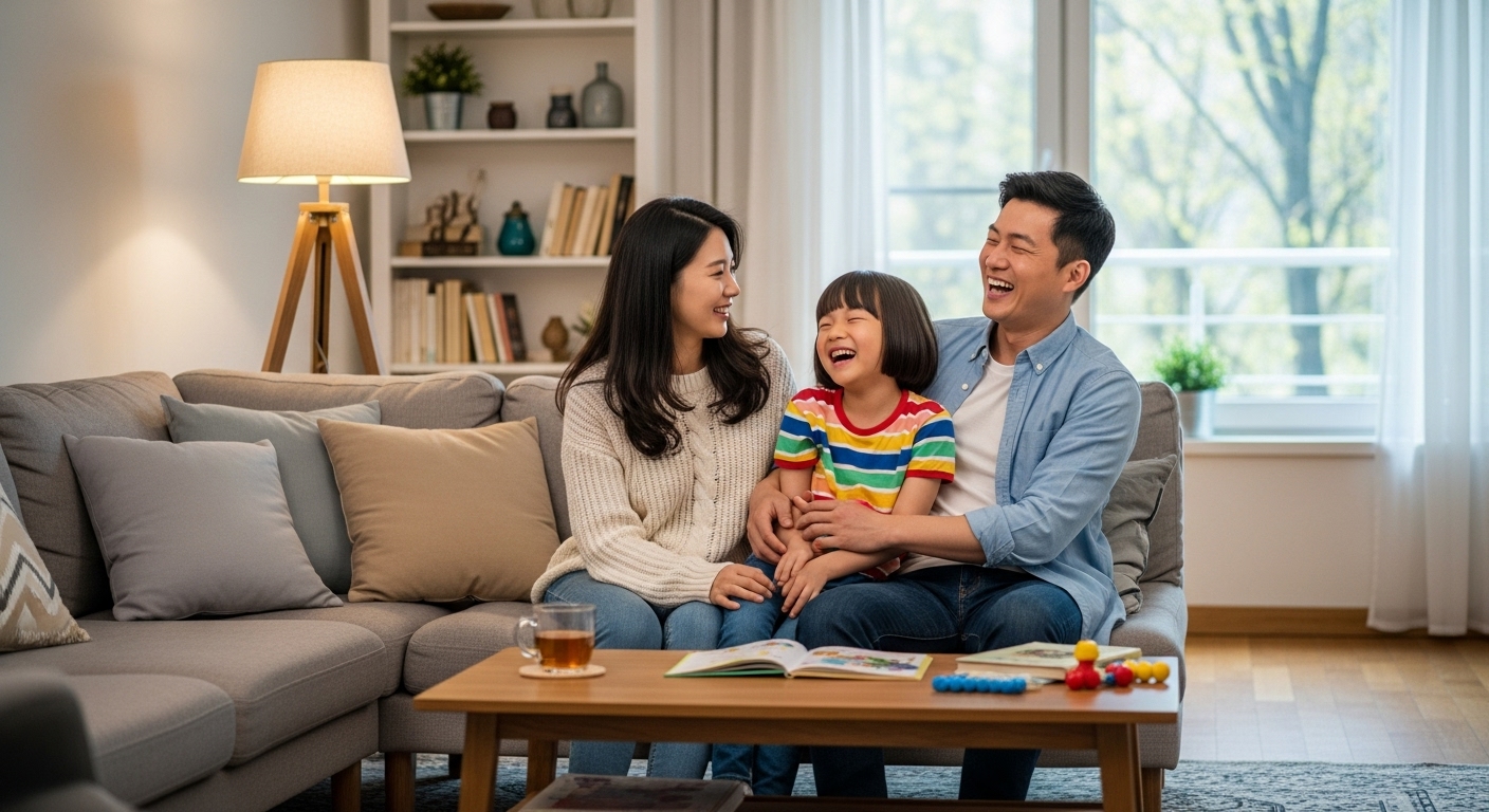 거실 소파에 앉아 대화를 나누며 웃음 짓는 젊은 가족