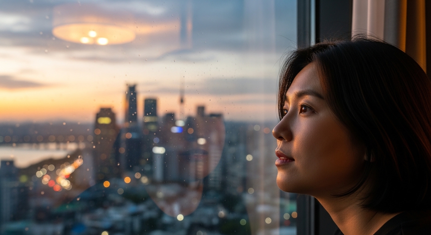 서울 스카이라인을 바라보며 인생 변화를 성찰하는 한국인