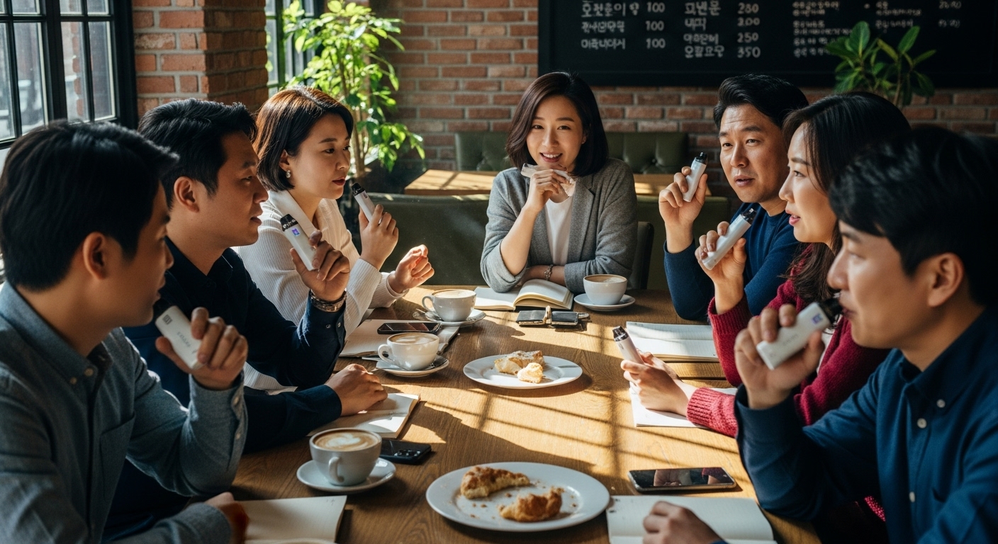 카페에서 다양한 한국 성인들이 레딜 제로 사용 후기를 나누는 모습