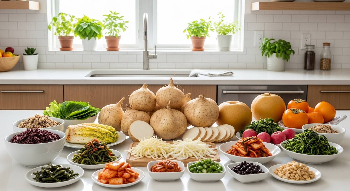 현대적인 한국 주방에 신선한 히카마 뿌리와 건강식품들이 놓여 있는 모습