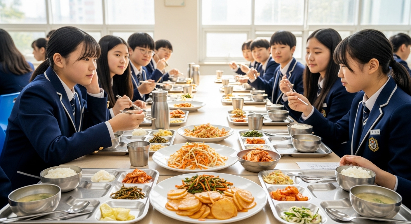 학교 식당에서 점심을 먹고 있는 한국 학생들 및 히카마 요리가 포함된 급식 메뉴