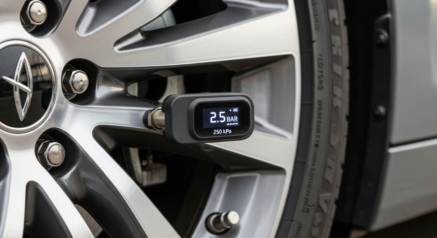 현대 자동차 타이어에 장착된 TPMS 센서와 실시간으로 표시되는 압력 데이터