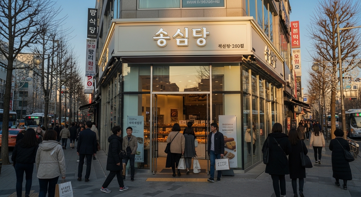 현대적인 한국 베이커리 외관과 대전 거리의 생동감 넘치는 풍경