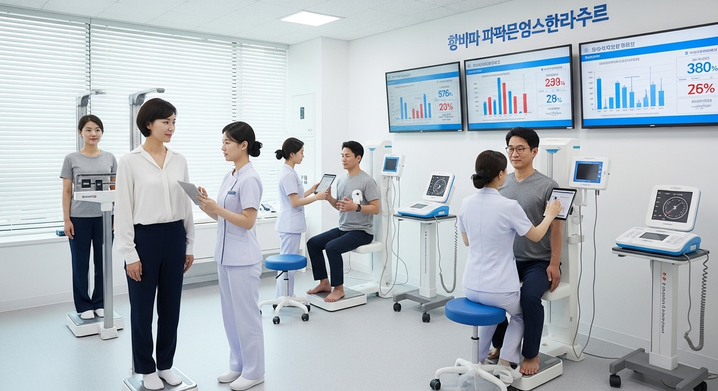 임상 시험 중인 한국 참가자들이 체중 측정과 분석을 받는 장면
