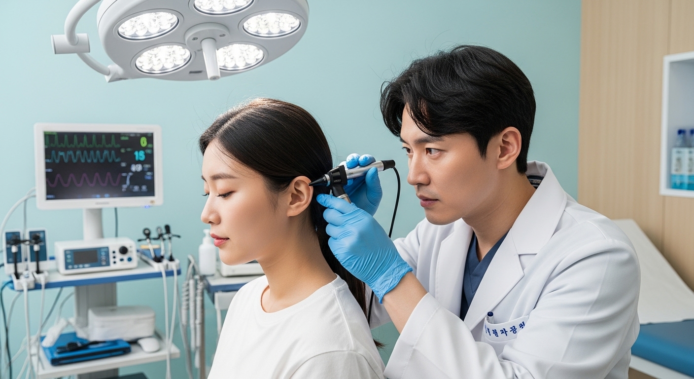 현대적인 한국 의사가 환자의 귓불을 검사하는 장면