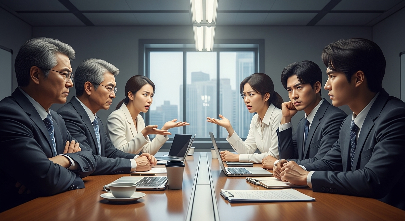 회의실에서 서로 다른 세대가 토론하는 긴장감 넘치는 장면
