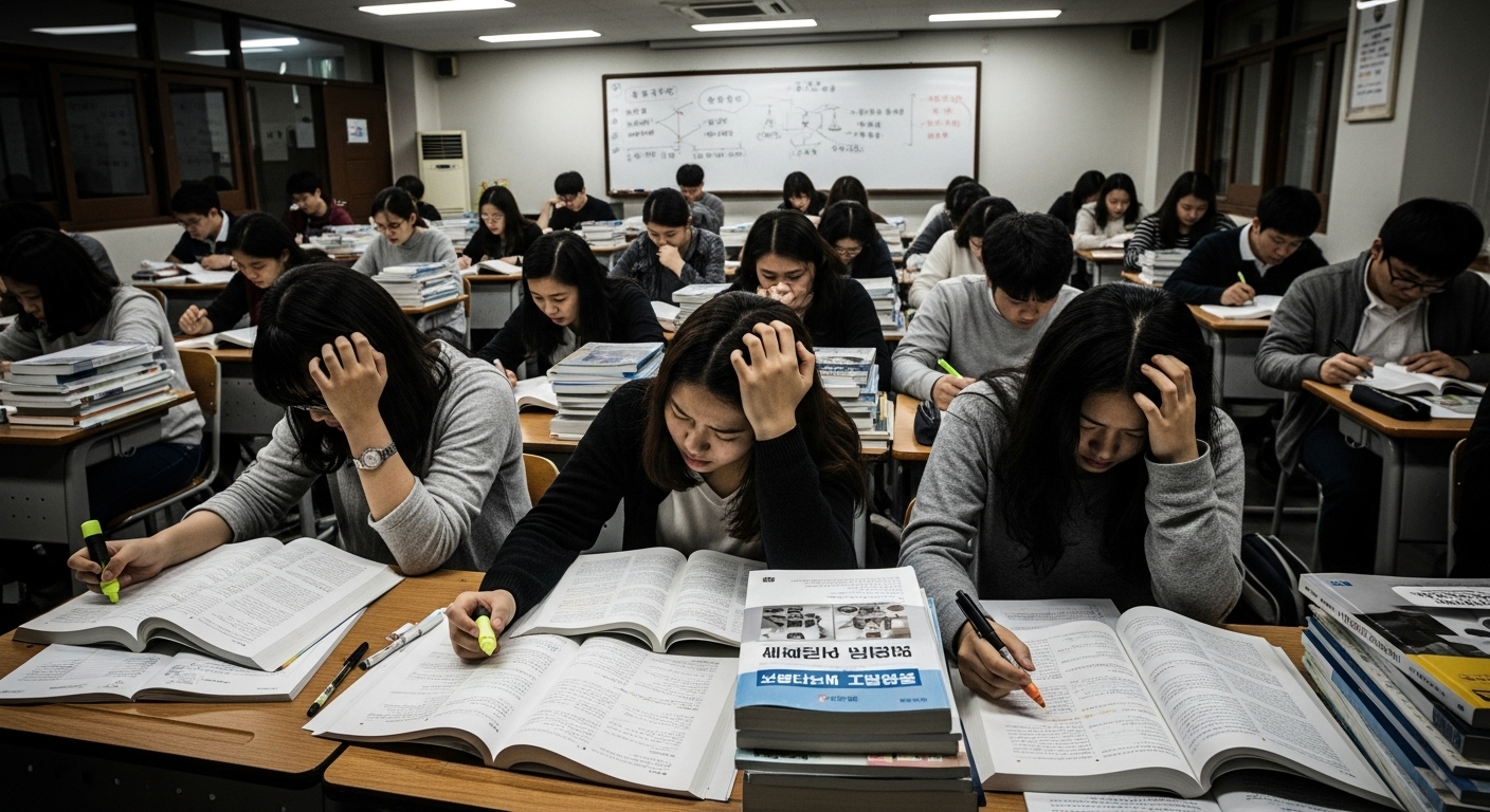 학생들이 법률 교재를 공부하며 시험 준비에 몰두하고 있는 장면