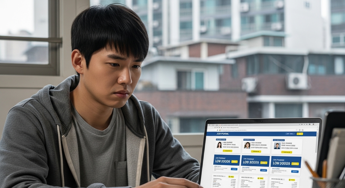 낮은 급여 제안을 확인하며 실망한 구직자의 모습과 작은 아파트 배경