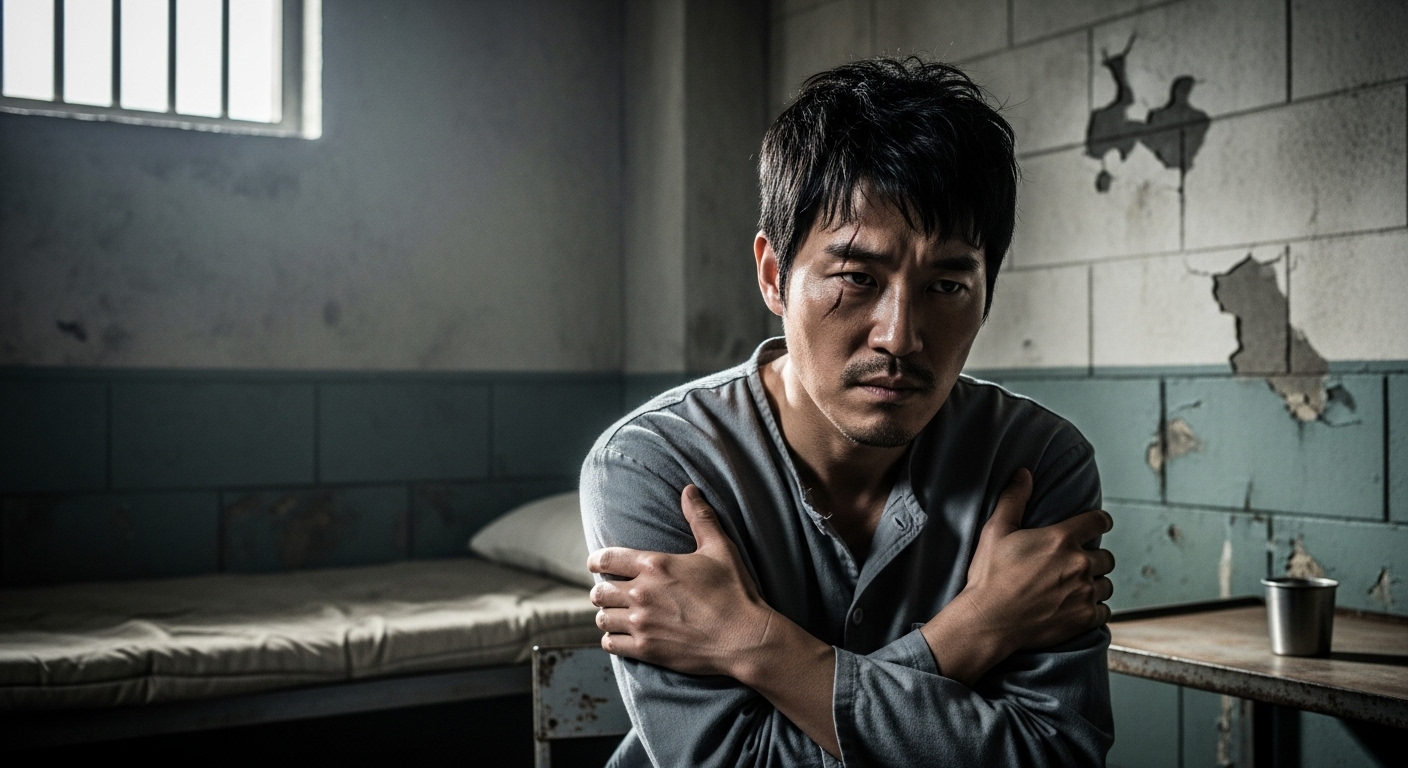 감옥 안에서 복수를 계획하는 남성의 강렬한 표정