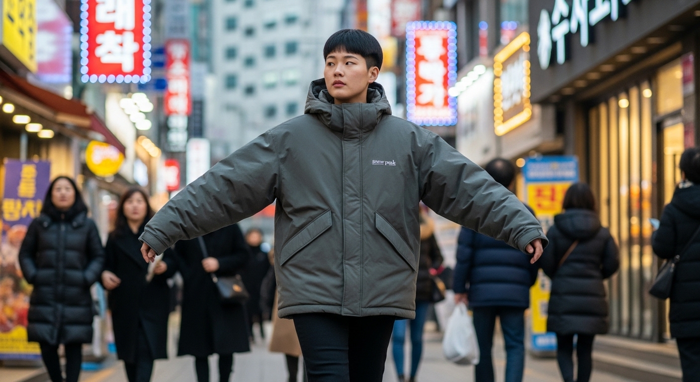 넉넉한 소매와 깊은 주머니가 특징인 패딩을 입고 쉽게 움직이는 사람