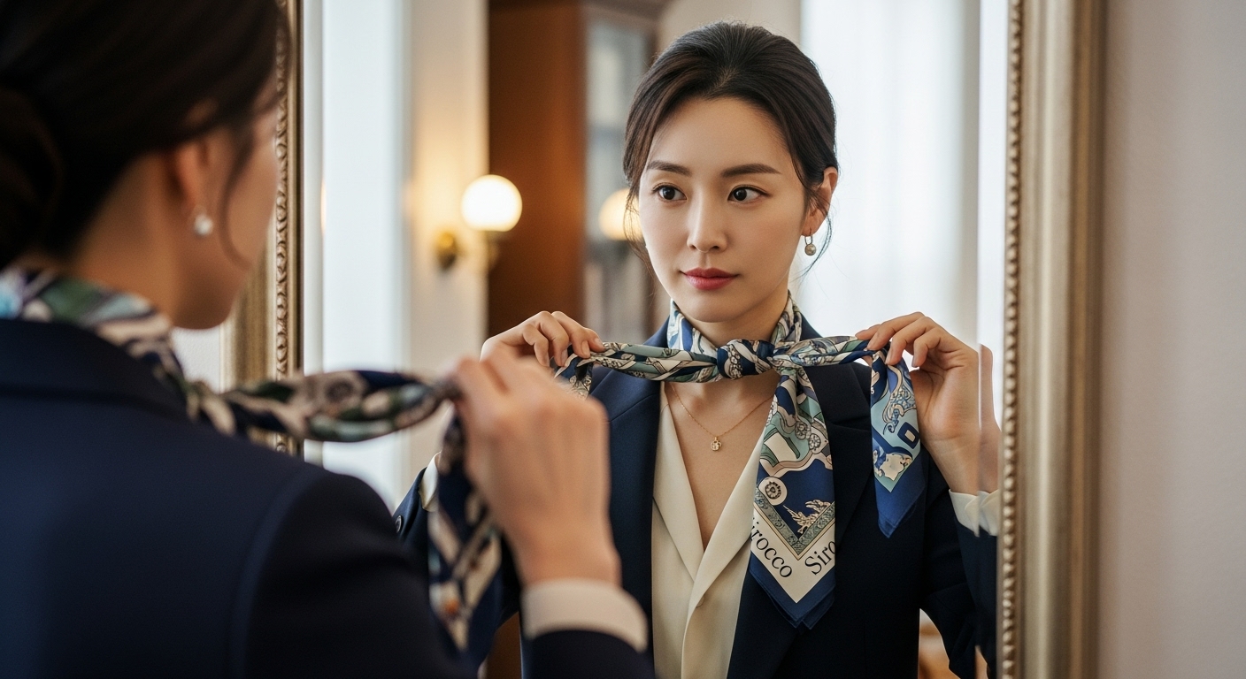 세련된 매듭으로 시로코 목도리를 묶고 있는 우아한 여성이 사무실 복장을 하고 거울 앞에 서 있는 모습