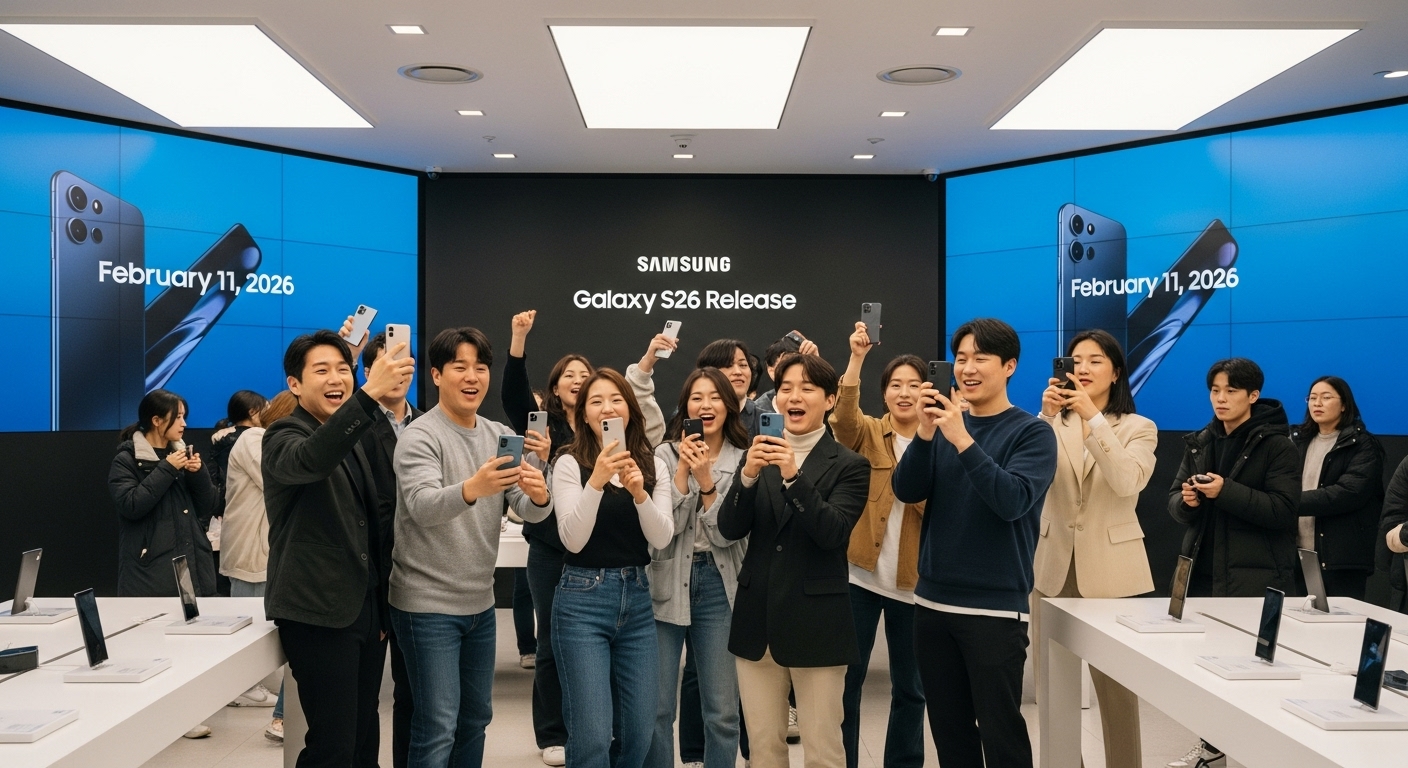 현대적인 전자 제품 매장에서 스마트폰을 들고 있는 사람들, 갤럭시S26 출시 소식을 기뻐하는 모습