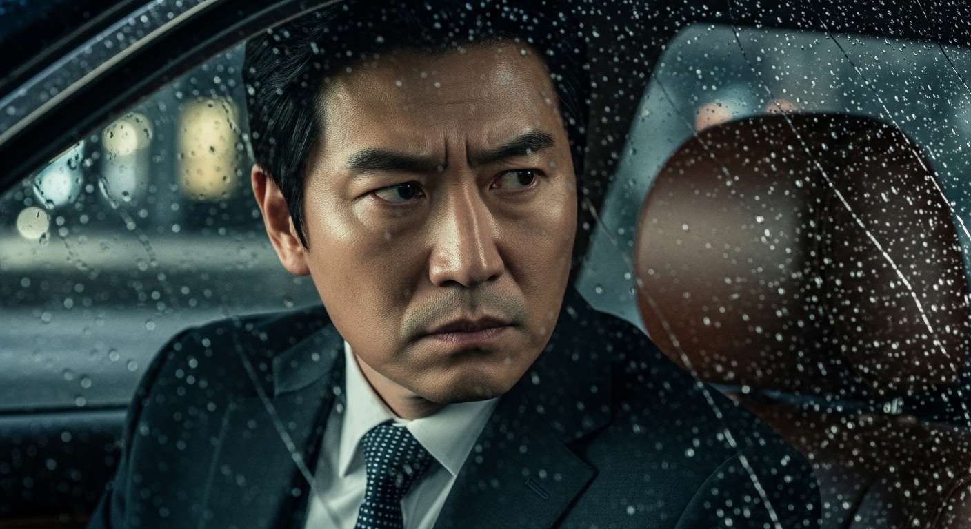 차 안에서 긴장감을 표현하는 은행센터장 역할의 남성 모습