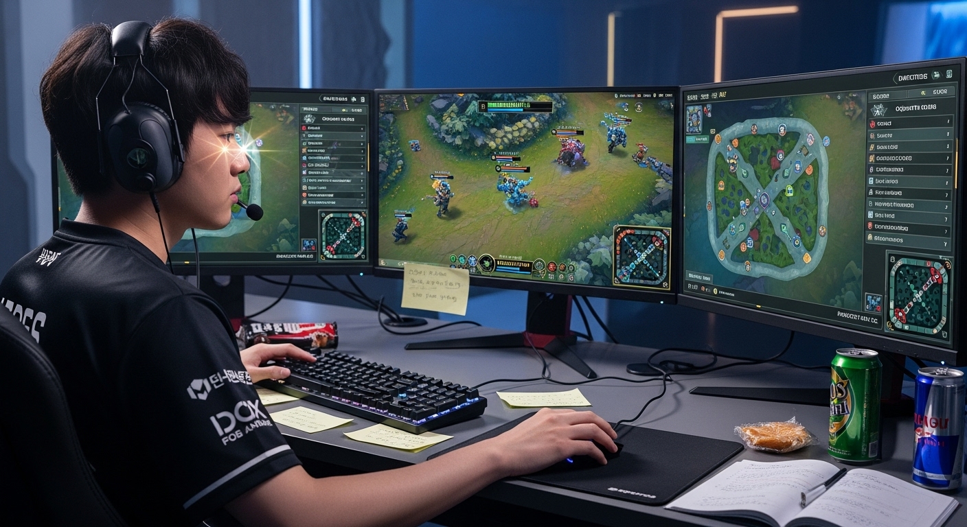 다중 모니터로 전략을 구상하며 게임을 하는 한국 e스포츠 선수