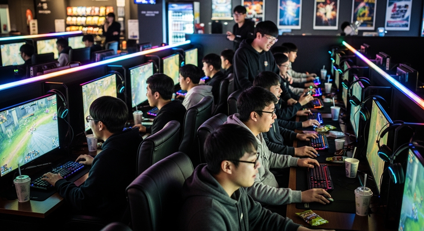 한국 게이머들이 북적이는 PC방에서 게임을 즐기는 활기찬 모습