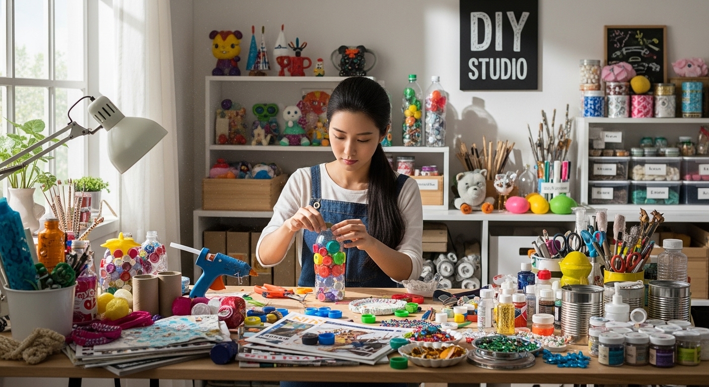 한국의 DIY 애호가가 재활용품과 특수 재료를 사용하여 독특한 작품을 만드는 모습