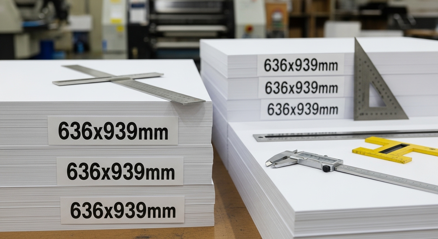 인쇄소에서 '636x939mm'라 적힌 큰 종이와 치수를 재는 도구들