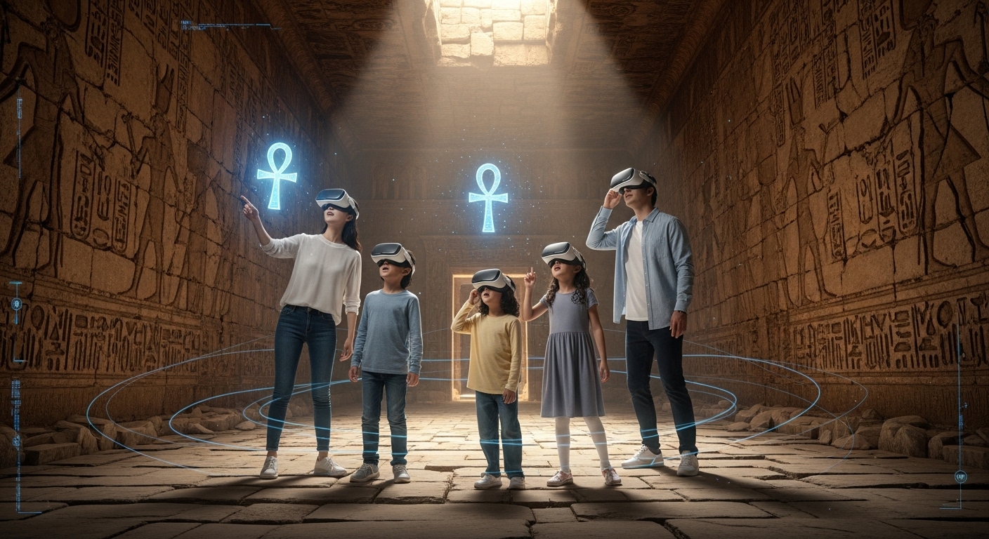 현대 한국 가족이 VR 헤드셋을 착용하고 이집트 피라미드를 가상으로 탐험하는 모습