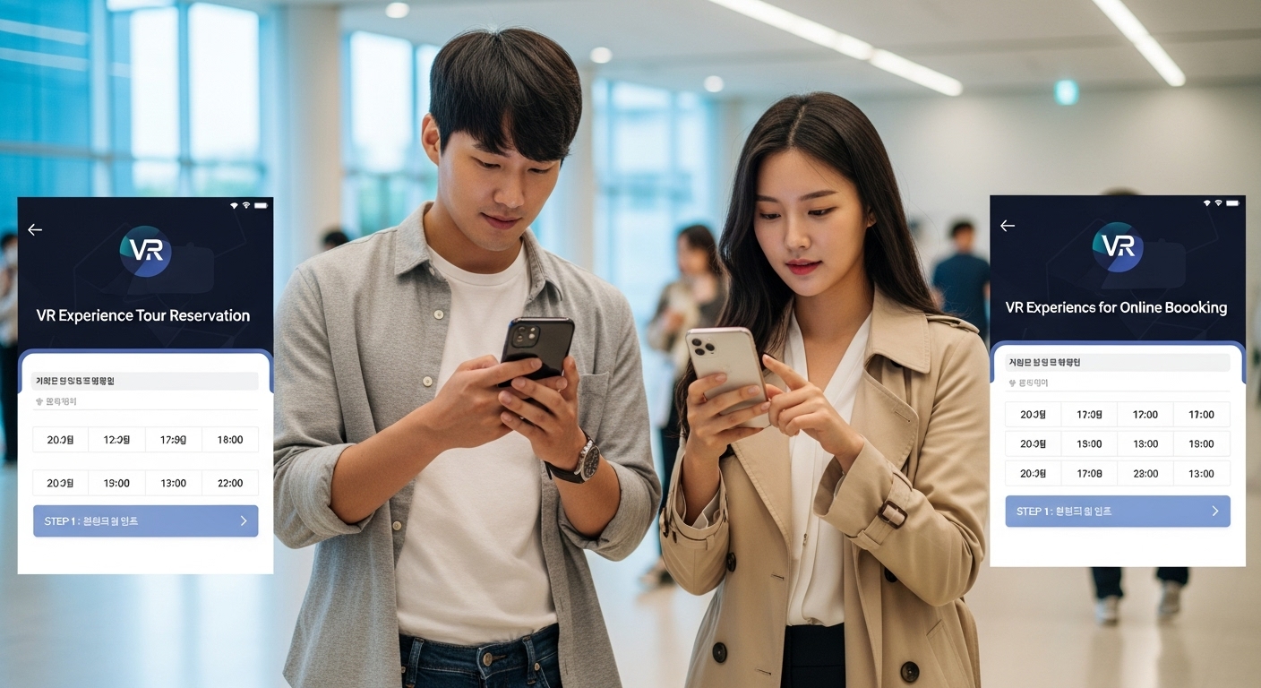 스마트폰으로 가상현실 전시 투어를 온라인 예약하는 한국 방문객들 모습