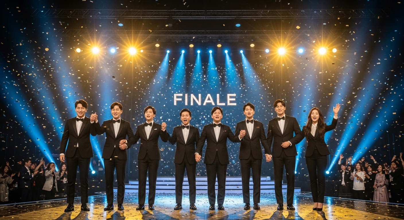 화려한 무대에서 여섯 명의 결승 진출자가 기쁨에 찬 표정으로 함께 서 있는 모습