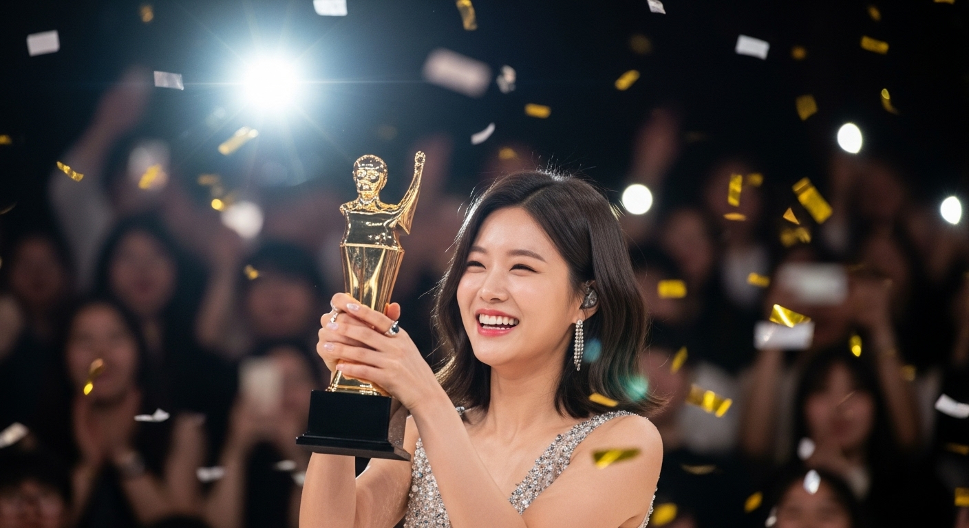 무대 위에서 트로피를 들고 환호하는 젊은 여성을 클로즈업으로 담은 모습