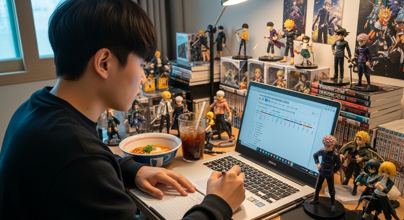 책상 위 애니메이션 굿즈와 함께 노트북 화면으로 주술회전 타임라인을 공부하는 젊은 성인