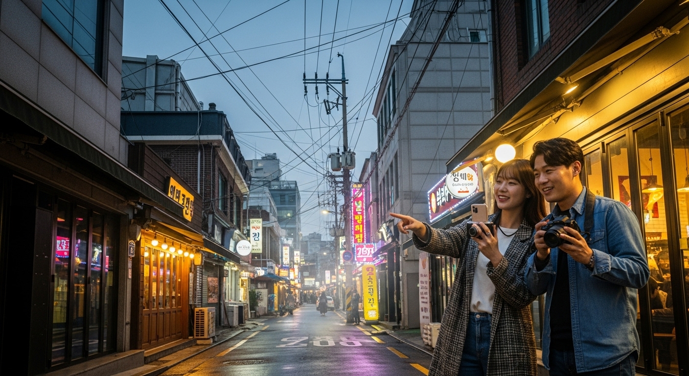 을지로의 좁은 골목과 복잡한 전선이 있는 거리에서 사진을 찍는 커플