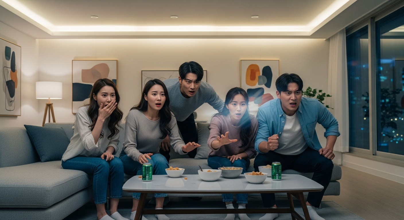 젊은 한국인들이 TV를 보며 진지하게 몰입하는 장면
