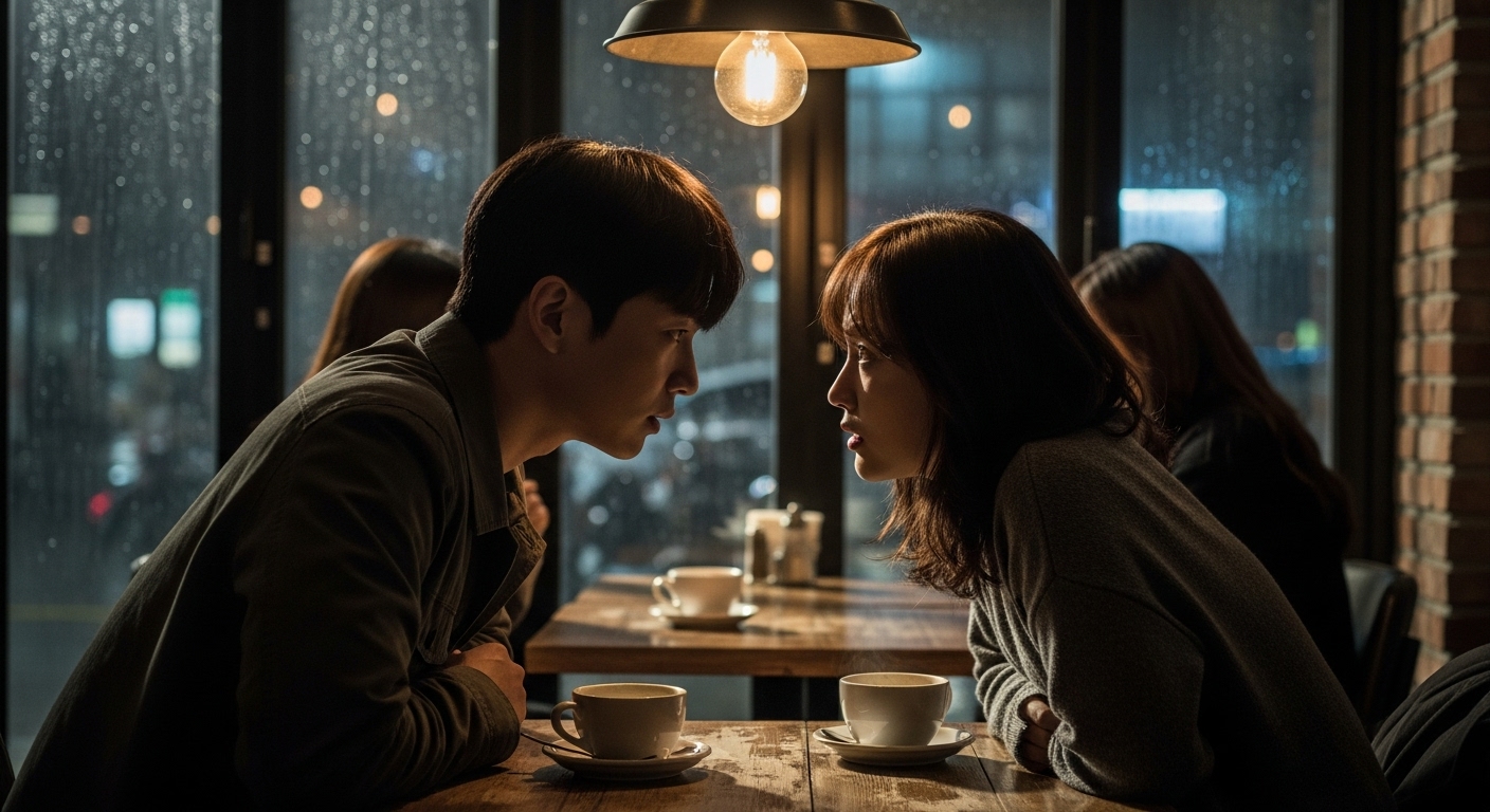 어두운 카페에서 진지하게 대화를 나누는 두 사람