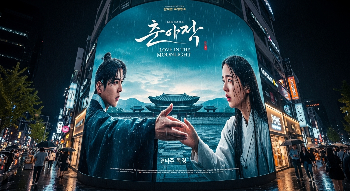 서울의 번화가에서 디지털 빌보드에 보여지는 한국 드라마 포스터