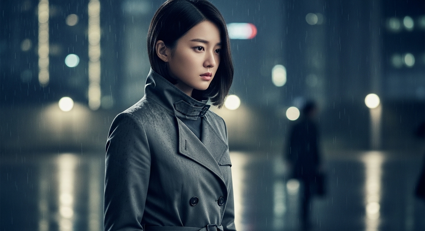 도시 배경 속 세련되면서도 어두운 옷을 입은 젊은 여배우의 미묘한 표정