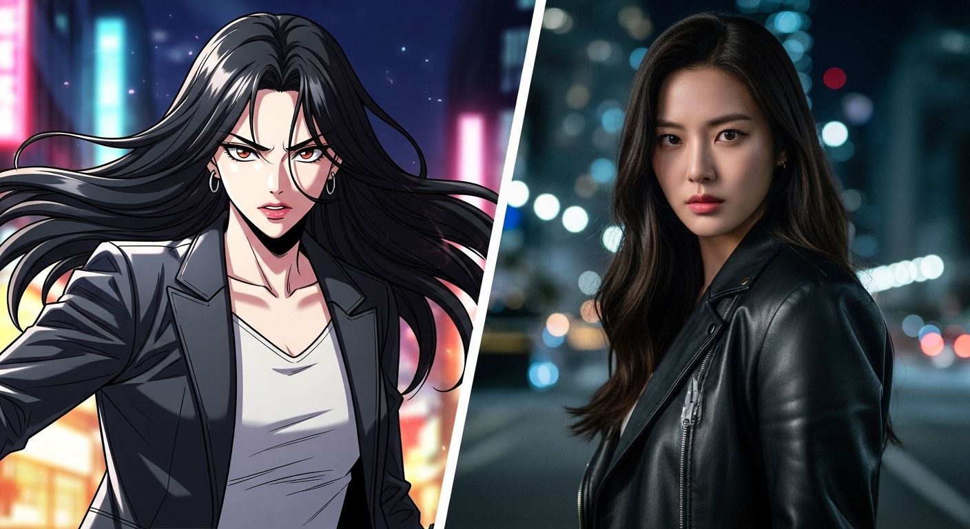같은 장면을 다른 스타일로 표현한 만화와 실사 비교 화면