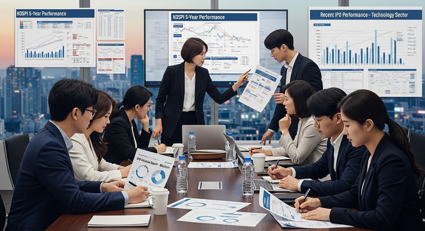 금융 전문가들이 회의실에서 차트를 보며 IPO 가격 범위를 계산하는 모습