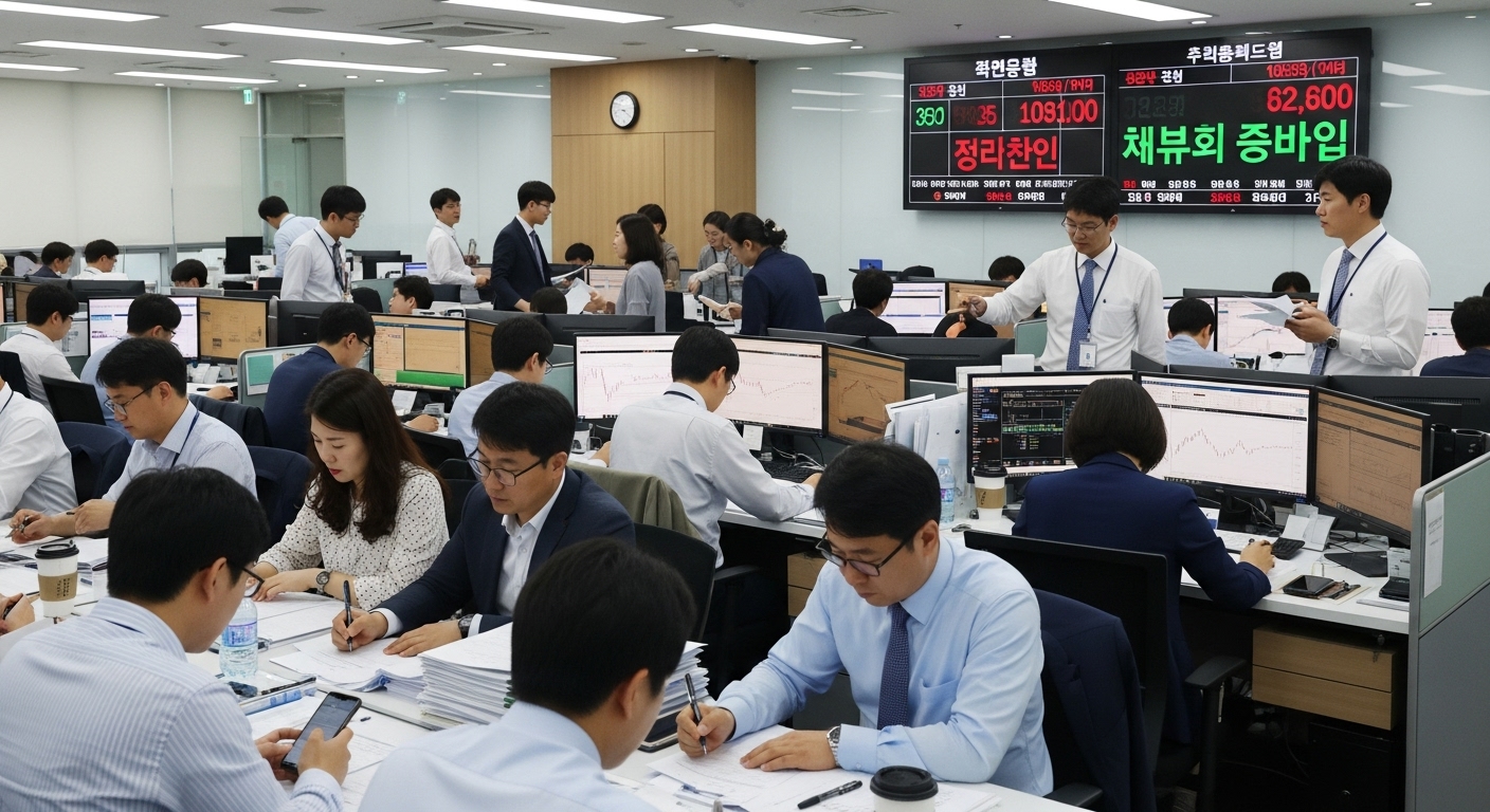 증권사 사무실에서 많은 투자자들이 청약 서류를 작성하는 모습