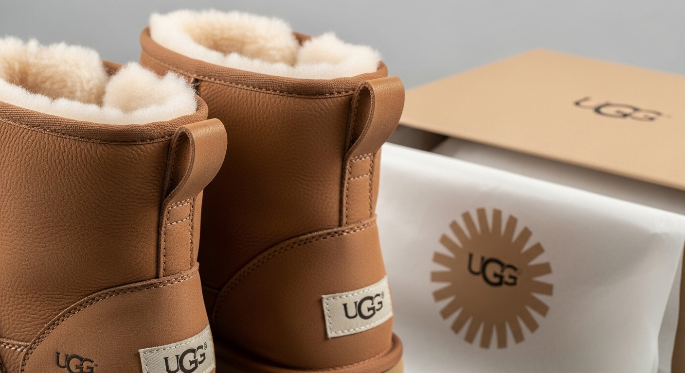 UGG 부츠의 다양한 로고 디자인과 정교한 박음질이 강조된 이미지