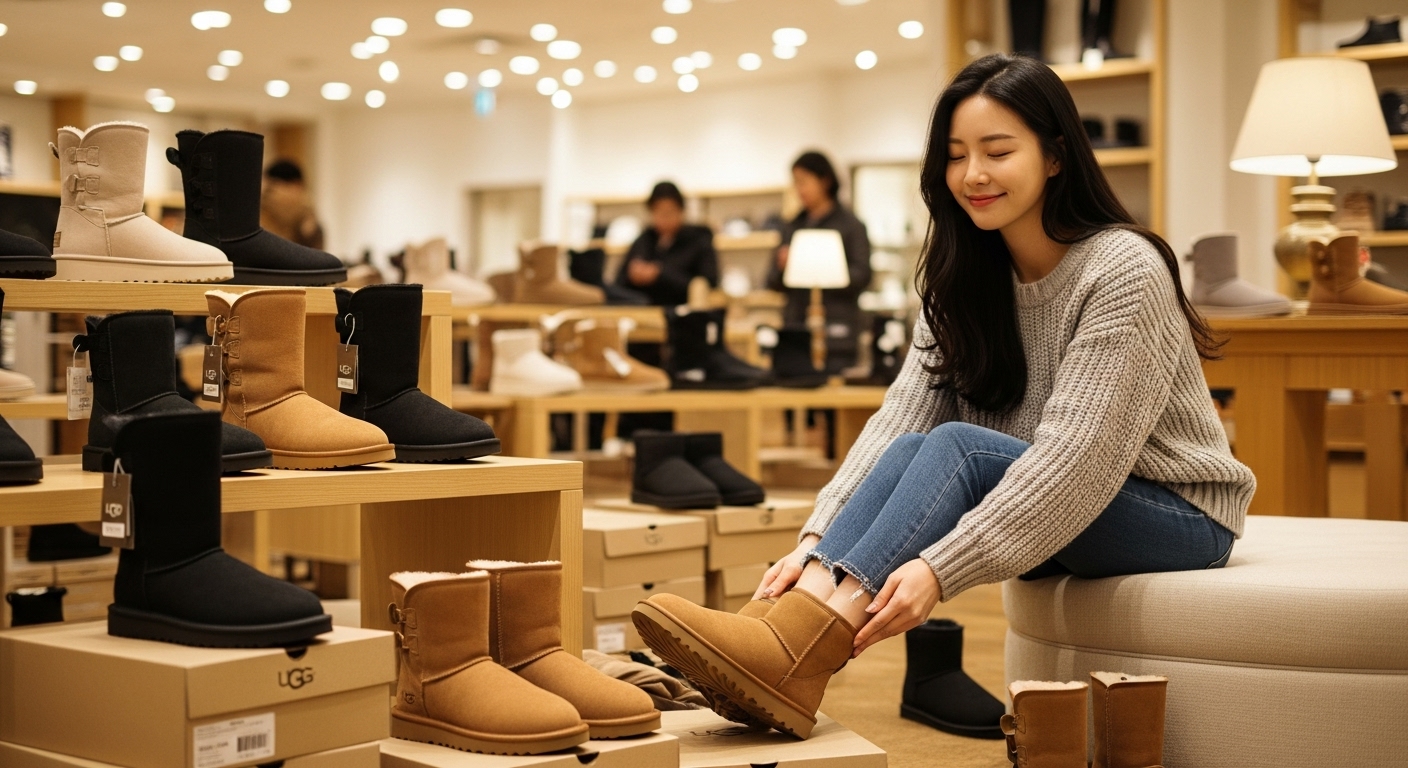 한국 여성이 신발 매장에서 다양한 UGG 부츠를 시착하는 장면