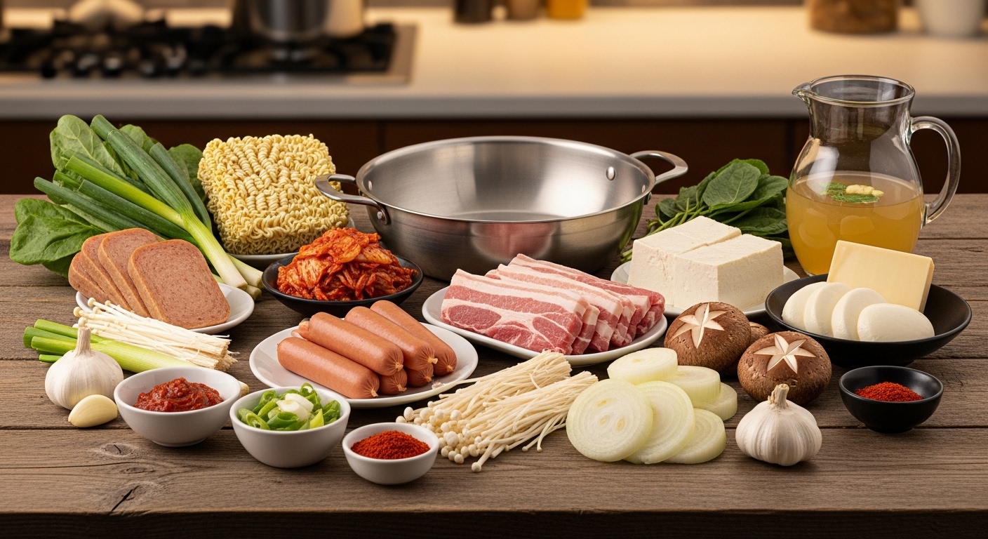 다양한 부대찌개 재료들이 주방 테이블 위에 놓여 있는 모습