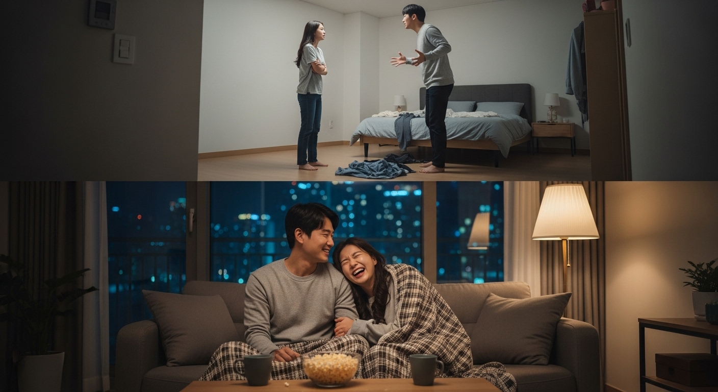 아파트에서 위층은 다투고 아래층은 웃고 있는 두 커플의 대조적인 모습