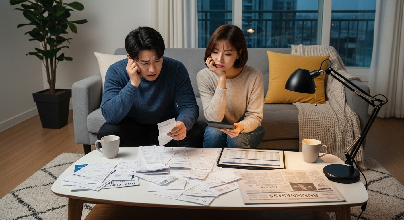 거실에서 재정 문제로 혼란스러워하는 커플의 모습