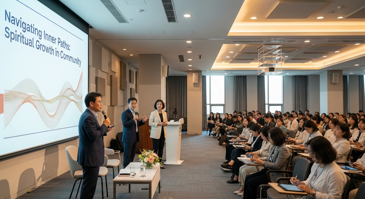 현대 한국 교육 세미나에서 영적 성장과 공동체 가치를 논의하는 장면