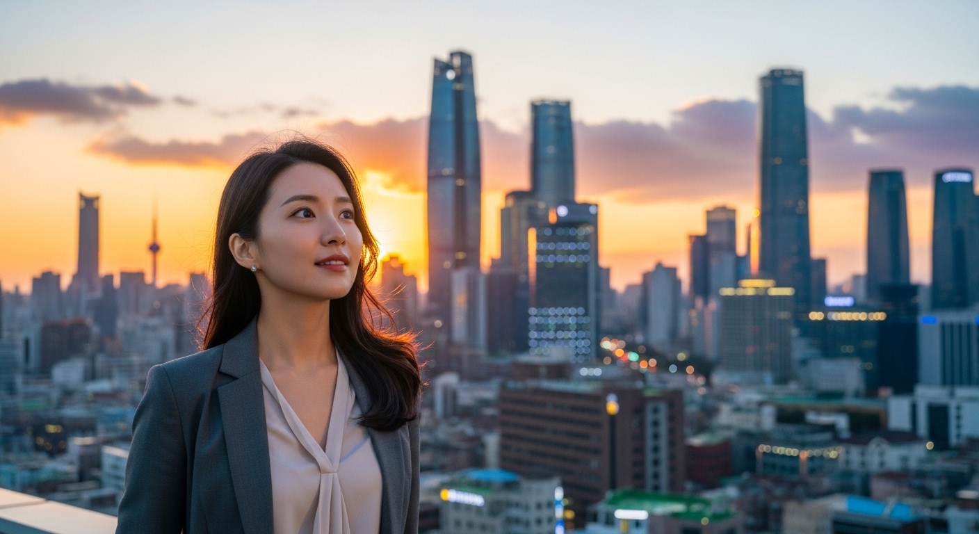 도시 스카이라인을 배경으로 긍정적인 변화를 상징하는 희망찬 여성